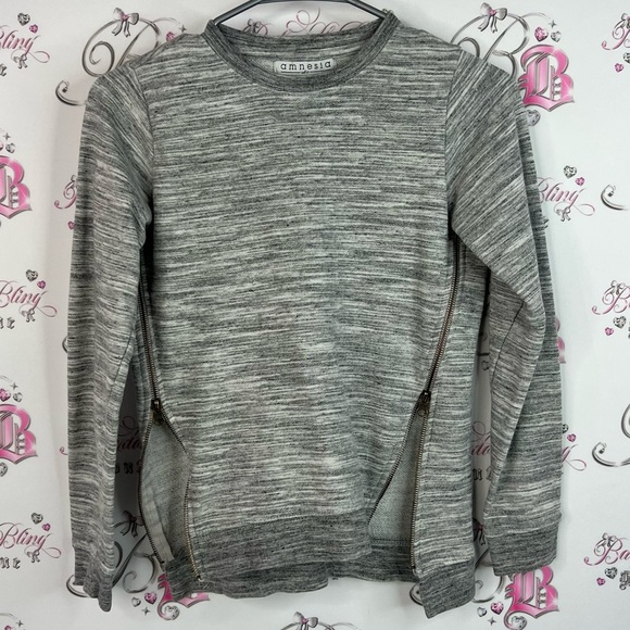amnesia Sweaters - Amnesia sweater top double zippers zip up detail Heather Gray Crewneck Sweater